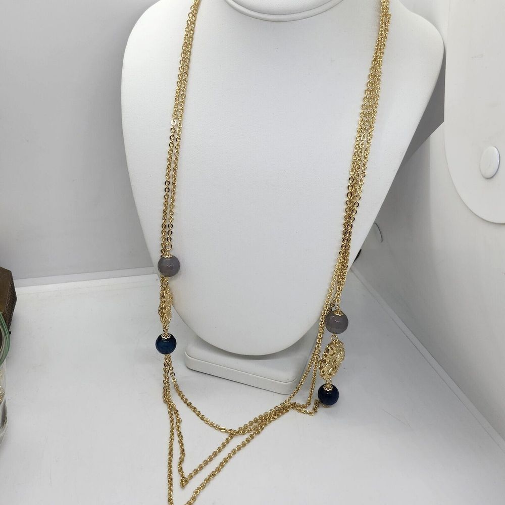 Multistrand 18k GP Chain Necklace With Blue And Gray Glass Bead Filigree Accents